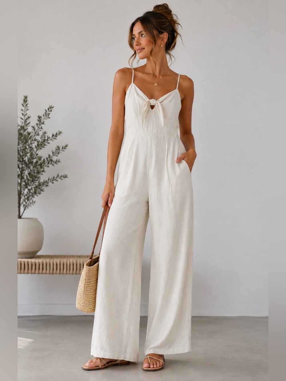 Old Navy Linen Blend Jumpsuit Large Tall Cream Smocked Back Tie Front